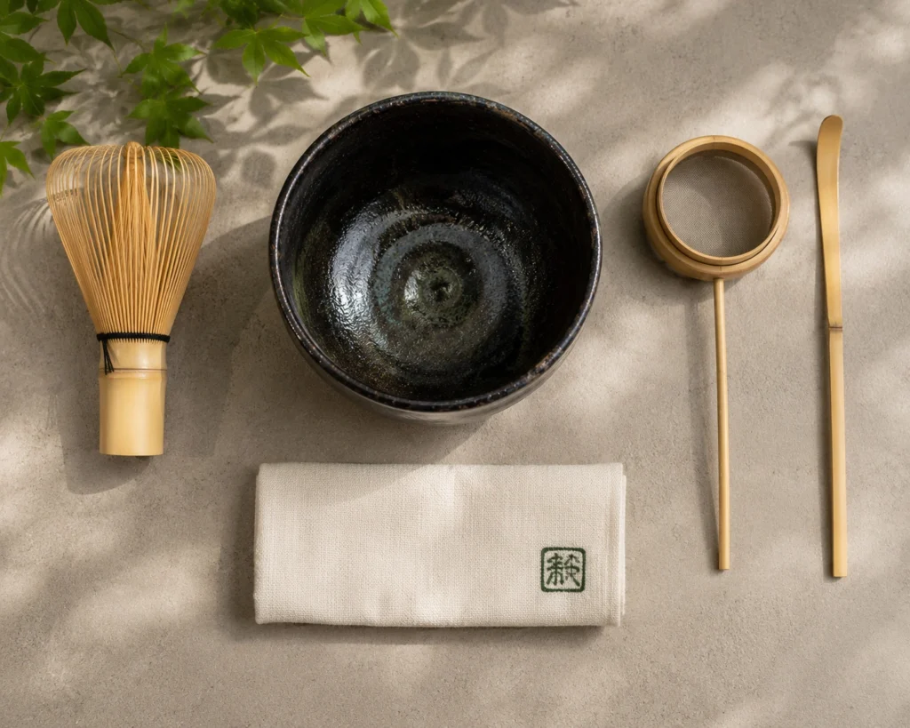 Japanese matcha ceremony tools chasen bamboo whisk chawan tea bowl chashaku scoop sifter and chakin cloth on natural surface