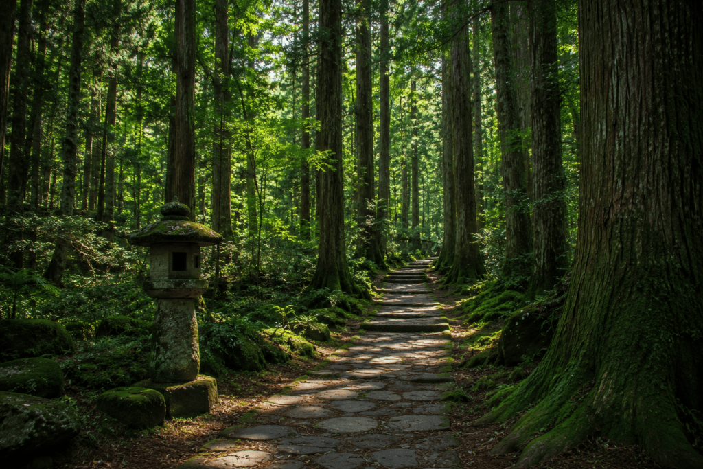 Japanese forest path with dappled sunlight filtering through cedar canopy moss covered ground shinrin-yoku forest bathing