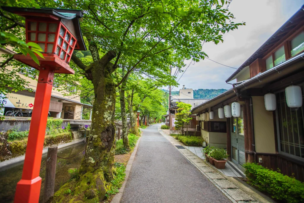 A peaceful canal-side street in Kinosaki Onsen, lined with traditional wooden buildings, lush green cherry trees, and iconic red lanterns.