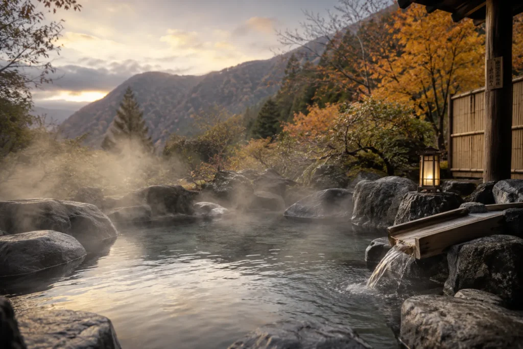 Japanese onsen outdoor rotenburo hot spring bath with steam rising surrounded by natural rocks and trees