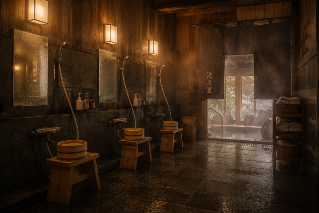 Japanese onsen interior washing area with wooden stools and buckets traditional bathing preparation space