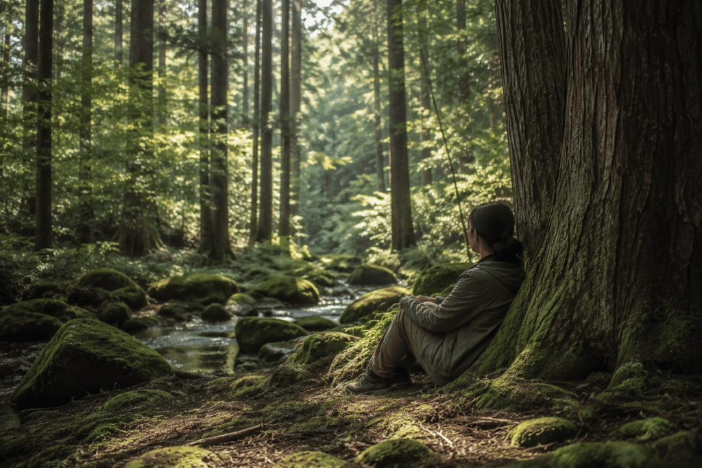 Person sitting quietly at base of large tree in Japanese forest looking up at canopy practicing shinrin-yoku forest bathing