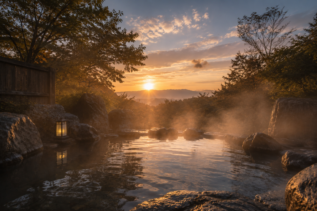 Solitary Japanese outdoor onsen rotenburo with steam rising into cold air surrounded by rocks and trees peaceful meditation