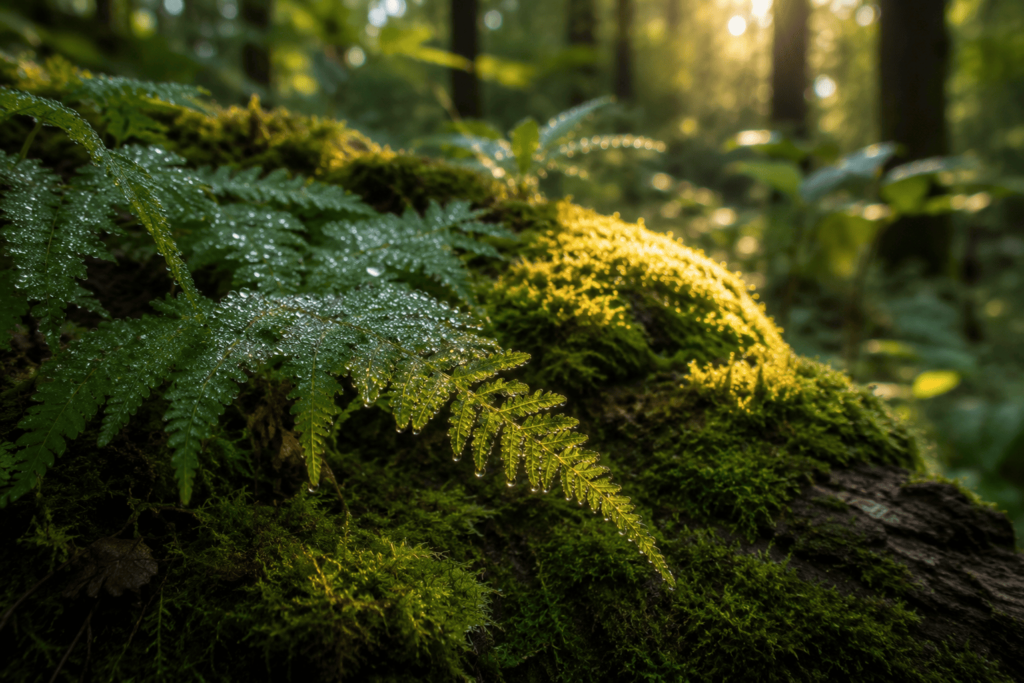 Close-up of sunlight on forest moss and fern fronds showing sensory detail of Japanese forest shinrin-yoku practice