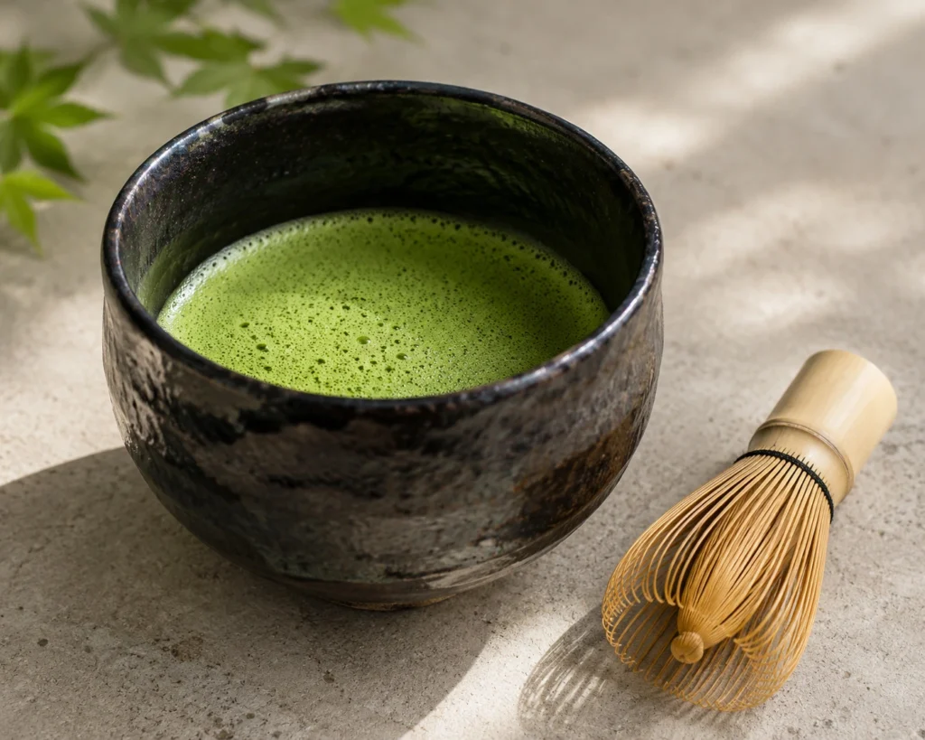 Freshly whisked Japanese matcha in ceramic tea bowl with bamboo chasen whisk bright green foam daily zen practice