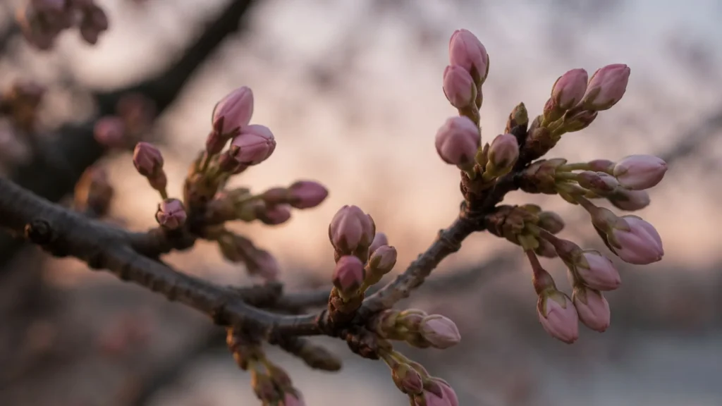 Cherry blossom buds about to open conveying koi no yokan the beauty of anticipation and the moment before something begins