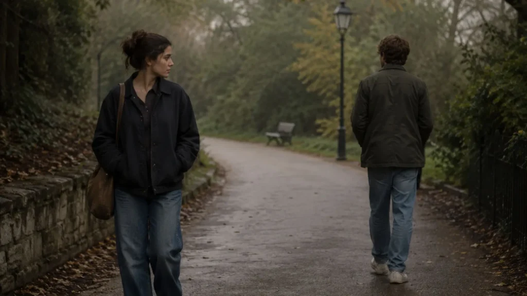 Two people walking on a quiet path—not touching, not looking at each other, but clearly aware of each other's presence. The mood should convey anticipation, not arrival—the space between meeting and knowing.