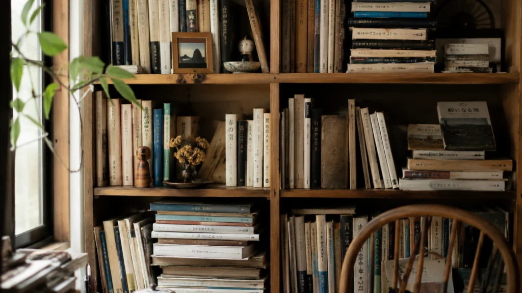 Bookshelf with accumulated books of different sizes some with bookmarks protruding warm natural light tsundoku anti-library