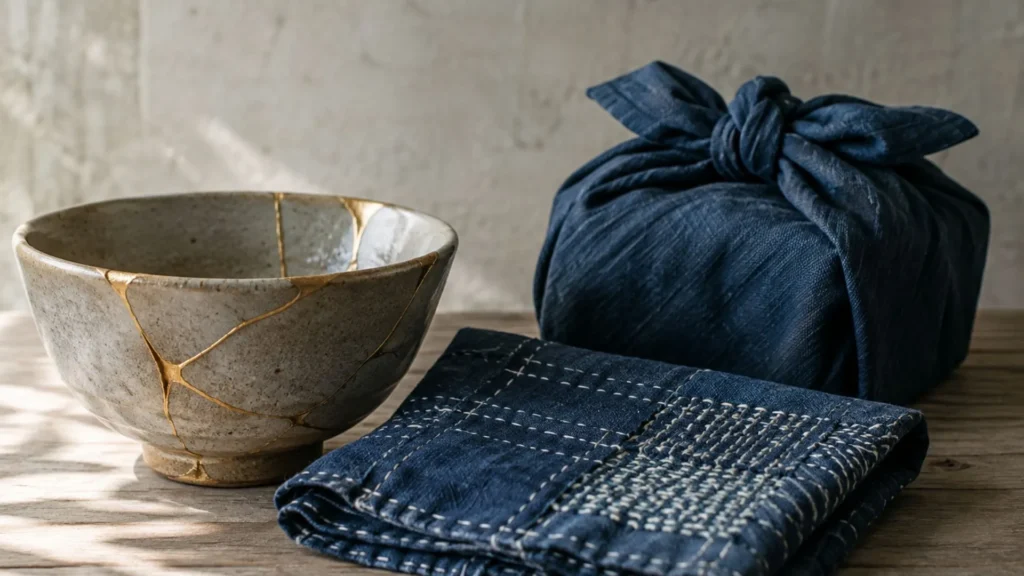 Kintsugi repaired bowl sashiko mended cloth and furoshiki wrapped gift three Japanese arts embodying mottainai philosophy