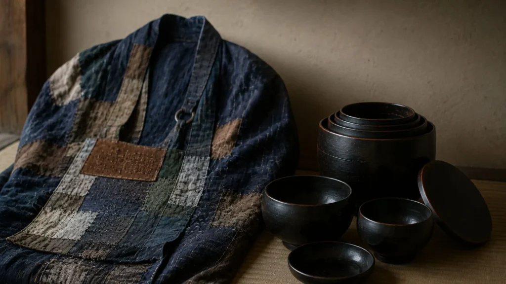 Zen monastery oryoki nesting bowls or patched monk robe kesa showing mottainai philosophy through visible use and repair
