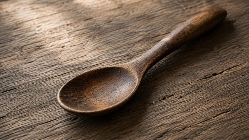 Well worn wooden spoon or kintsugi repaired cup showing years of careful use embodying mottainai philosophy of respect