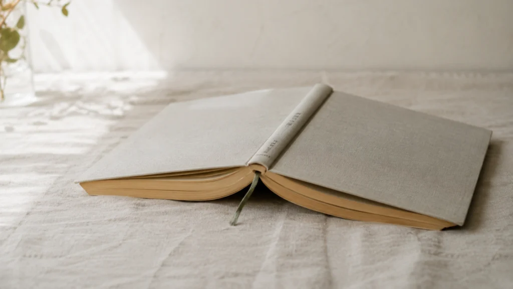 Single book lying open face down on wooden surface waiting to be read conveying tsundoku patience and possibility