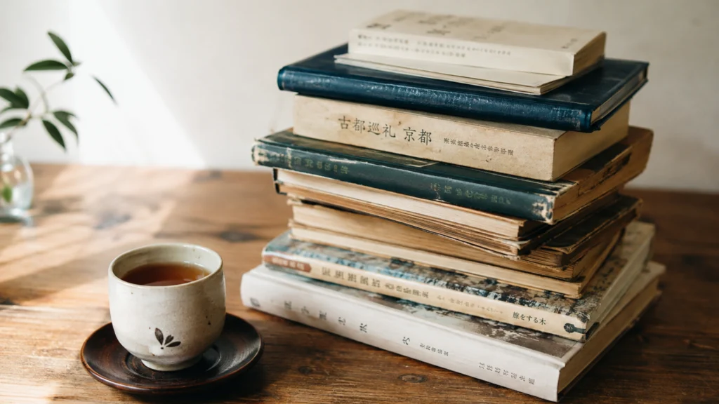 Stack of books piled on wooden surface with cup of tea tsundoku Japanese art of collecting unread books