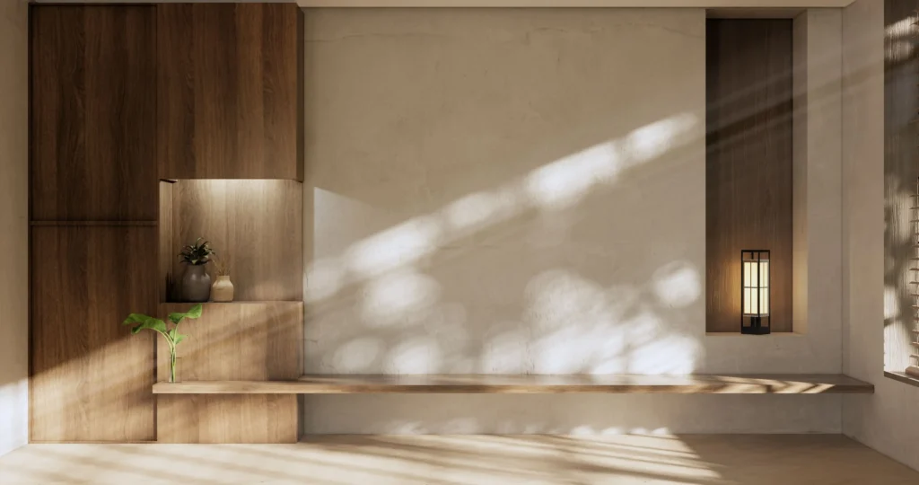 Minimalist Japanese-style study with natural wooden textures, low-profile seating, and simple organic decorations reflecting Zen aesthetics.