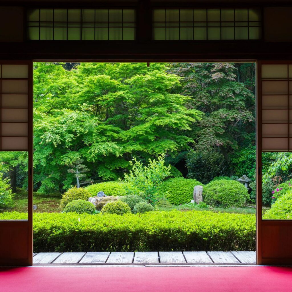 Traditional Japanese temple lodging corridor with shoji screens