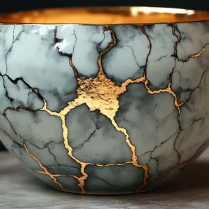 Kintsugi repaired Japanese ceramic bowl with golden seams highlighting the cracks