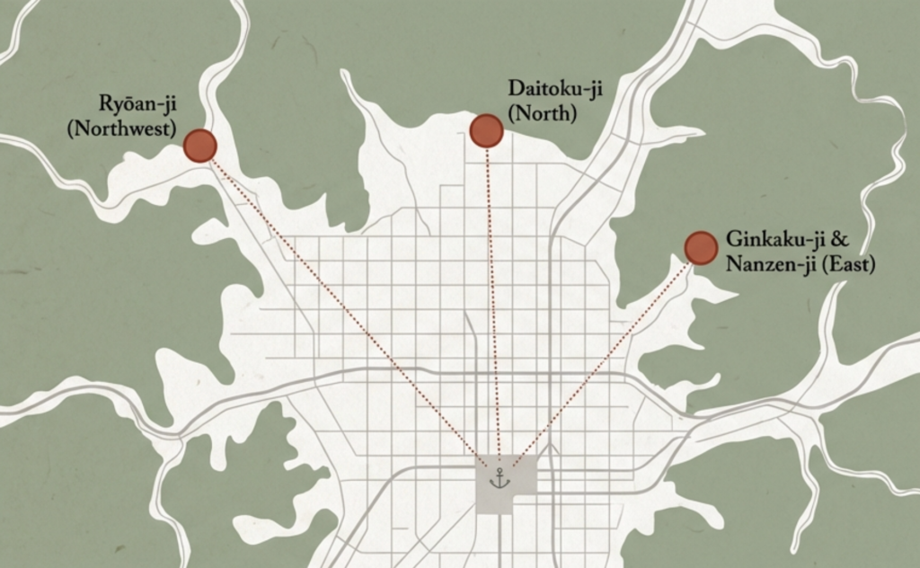 An illustrated guide map showing the locations of historic Zen Buddhist temples across the city of Kyoto.