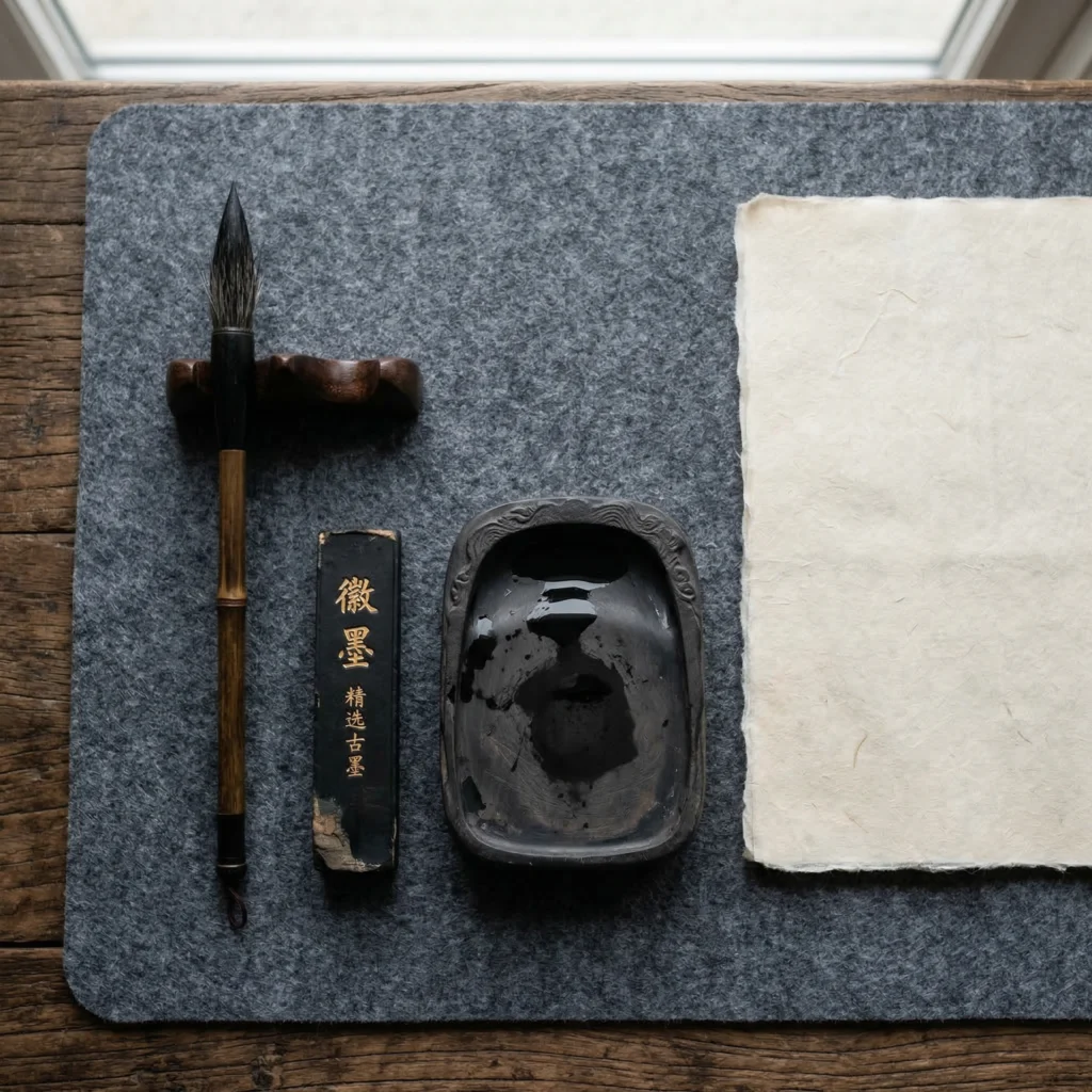 A top-down flat lay image of the "Four Treasures of the Study" used in East Asian calligraphy. It features a bamboo brush on a wooden rest, a black ink stick with gold inscriptions, a carved stone ink slab with liquid ink, and a sheet of handmade washi paper, all arranged on a grey felt mat over a rustic wooden table.