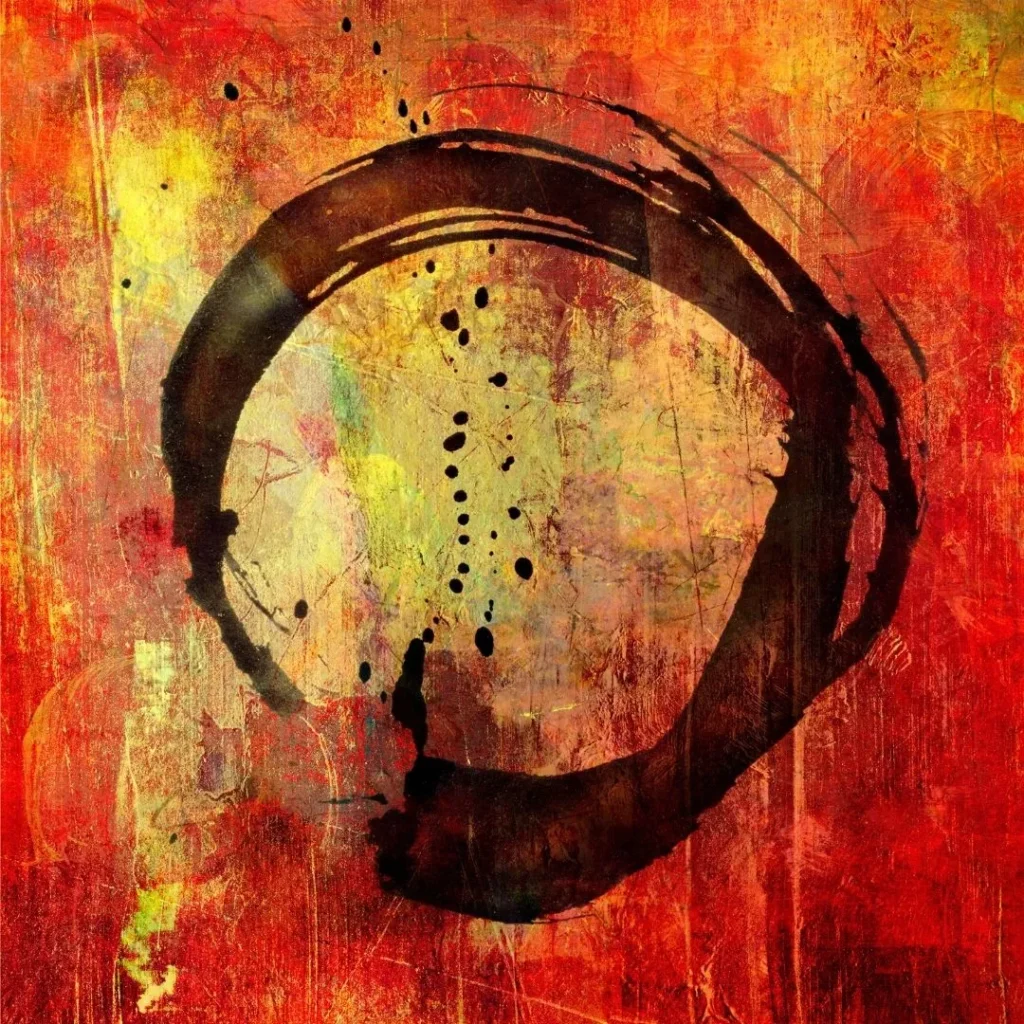 A bold, black ink Ensō (Zen circle) hand-painted with a textured brushstroke on a vibrant, abstract background of fiery red, orange, and yellow hues. The circle is slightly incomplete, featuring ink splatters and a weathered, layered aesthetic.