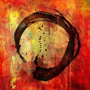 A bold, black ink Ensō (Zen circle) hand-painted with a textured brushstroke on a vibrant, abstract background of fiery red, orange, and yellow hues. The circle is slightly incomplete, featuring ink splatters and a weathered, layered aesthetic.