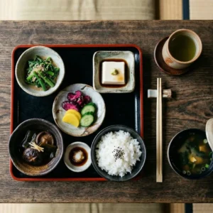 Traditional shojin ryori Buddhist vegetarian meal with multiple small dishes on lacquered tray