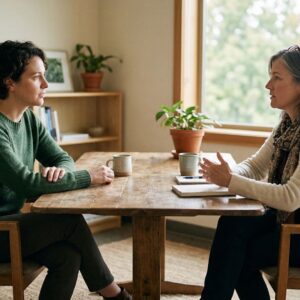 Two people having a difficult conversation in calm setting with open body language and warm natural light