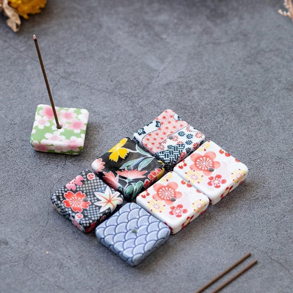 Set of 6, Small Japanese Ceramic Handmade Cute Cherry Blossom Incense Stick Holder or Incense Burner Holder, Unique Ash Catcher Inscent Tray and Decorative Gift, Home Decor 1.34 inch