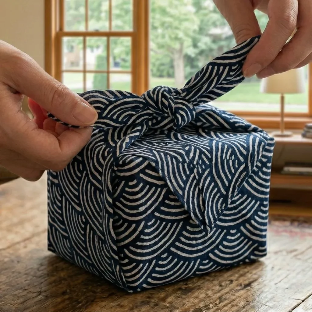 Furoshiki Japanese wrapping cloth being tied around a gift showing traditional pattern and wrapping technique