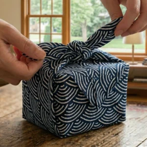 Furoshiki Japanese wrapping cloth being tied around a gift showing traditional pattern and wrapping technique