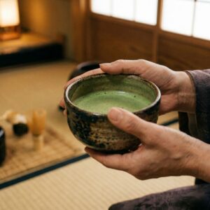 Ichigo ichie one time one meeting Japanese tea ceremony moment hands holding matcha bowl in quiet tea room