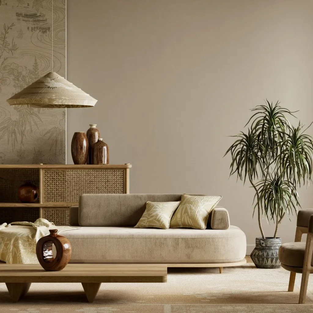 Interior of a modern Japandi living room with soft earth tones, featuring a curved tan sofa, light wood furniture, a woven pendant light, and a large Dracaena plant. A delicate floral wall mural and natural light from a large window create a serene atmosphere.