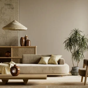 Interior of a modern Japandi living room with soft earth tones, featuring a curved tan sofa, light wood furniture, a woven pendant light, and a large Dracaena plant. A delicate floral wall mural and natural light from a large window create a serene atmosphere.