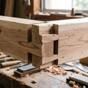 Japanese woodworking joinery two timber pieces interlocking without nails showing precision cut and natural wood grain