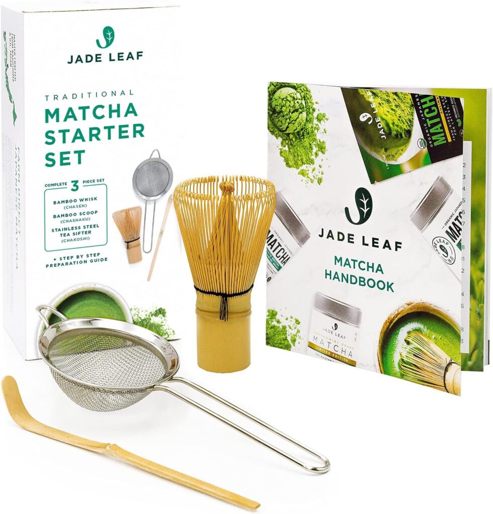 Japanese Matcha Gift Set Includes: Bamboo Whisk (Chasen), Scoop (Chashaku), Stainless Steel Sifter, Fully Printed Handbook