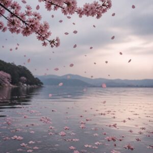 Cherry blossom petals falling in spring light embodying mono no aware the Japanese philosophy of bittersweet beauty in impermanence