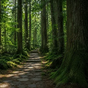 Japanese forest path with dappled sunlight filtering through cedar canopy moss covered ground shinrin-yoku forest bathing
