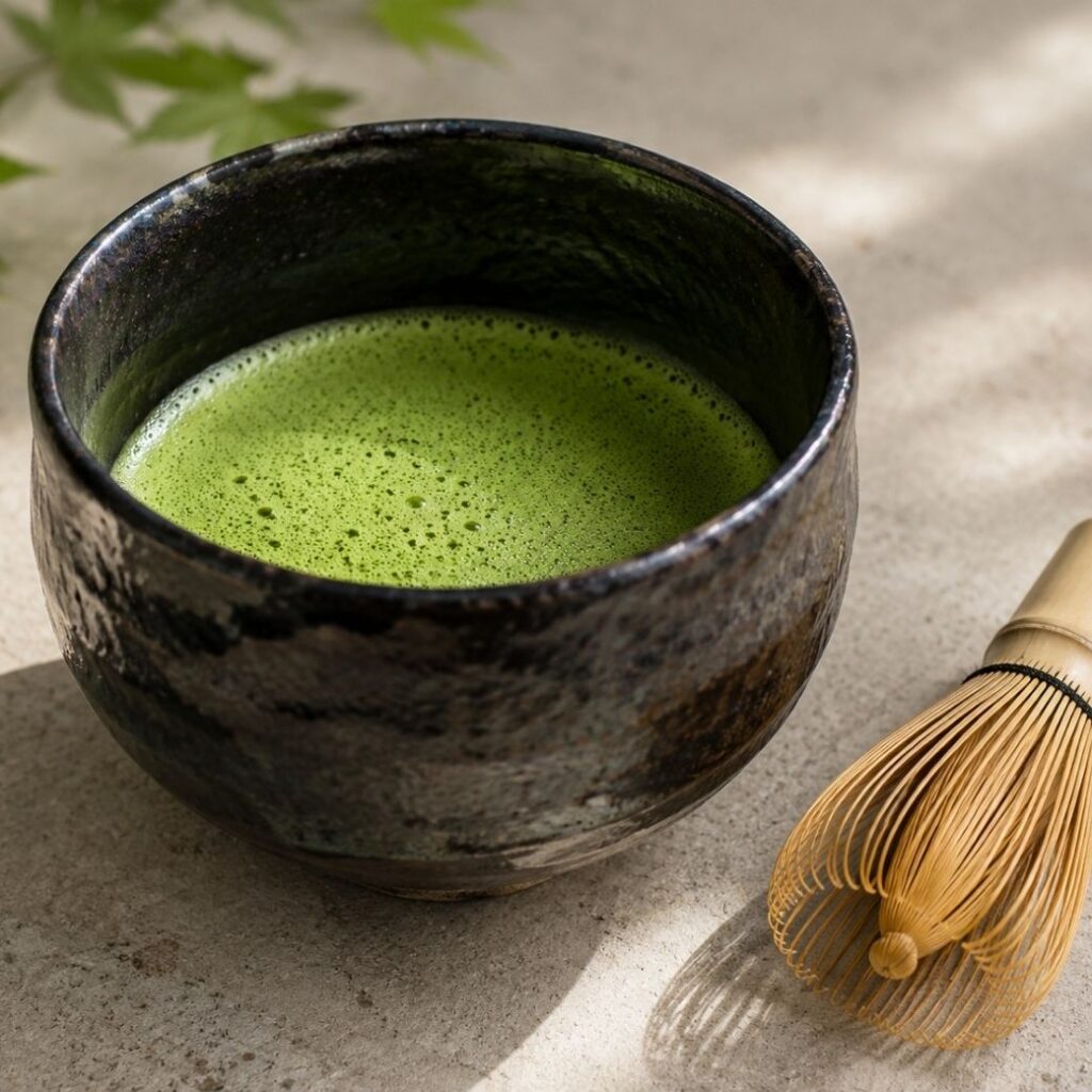 Freshly whisked Japanese matcha in ceramic tea bowl with bamboo chasen whisk bright green foam daily zen practice