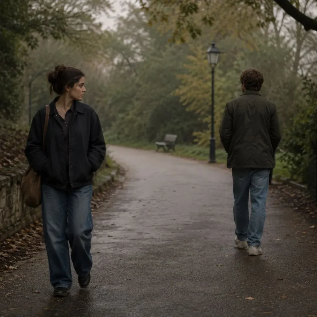Two people walking on a quiet path—not touching, not looking at each other, but clearly aware of each other's presence. The mood should convey anticipation, not arrival—the space between meeting and knowing.