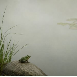 A green frog sitting on a rock at the edge of a calm, misty pond, with a tuft of green grass on the left and a few lily pads in the background.
