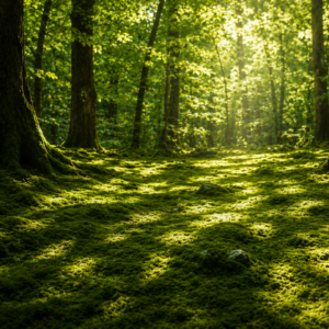 Komorebi sunlight filtering through forest tree canopy creating dappled light patterns on moss covered ground Japanese word