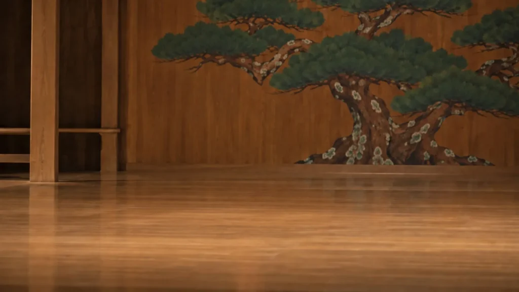 Empty noh theater stage bare cypress floor painted pine tree kagami-ita quiet stillness before performance begins